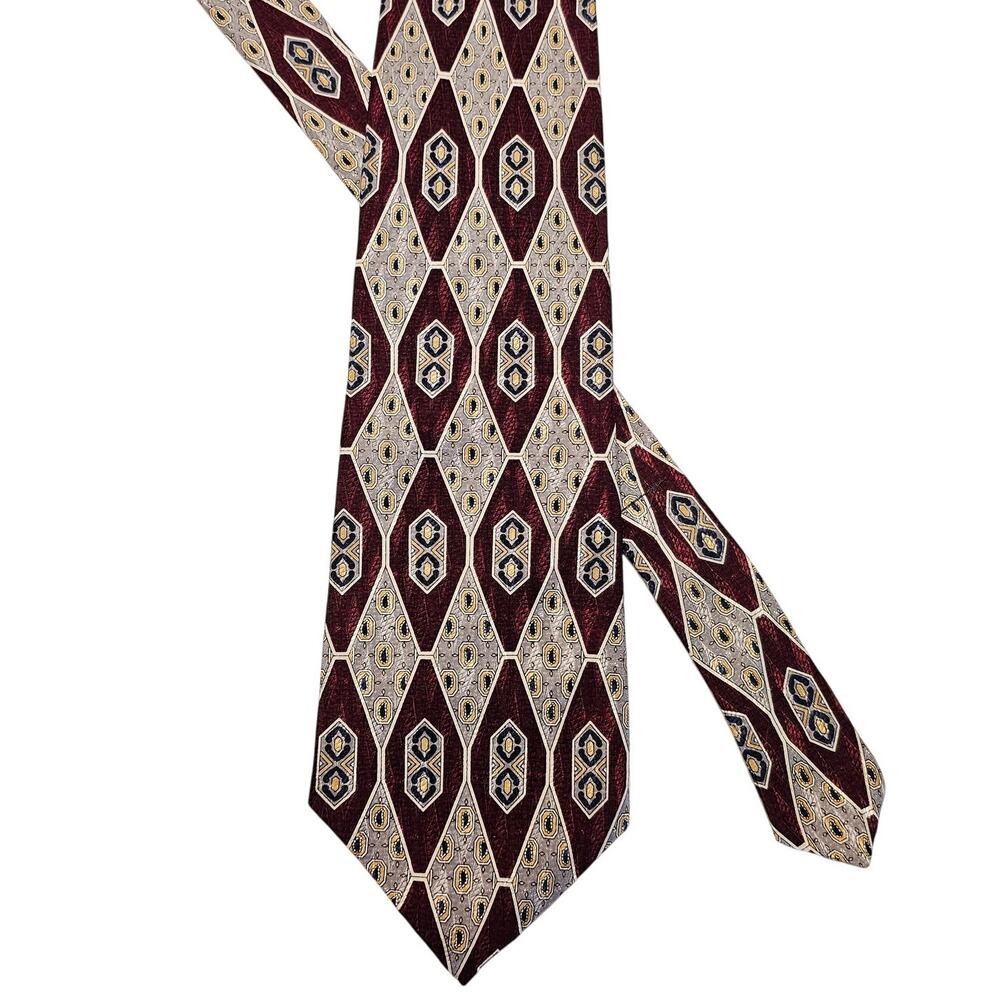 Mens Silk Tie Red Gray Geometric Stafford Executive USA Vintage Formal Wide 57"